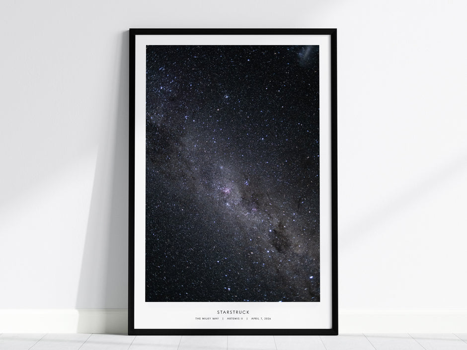Framed Milky Way night sky poster in deep blue and black, featuring countless stars, perfect for space art enthusiasts.