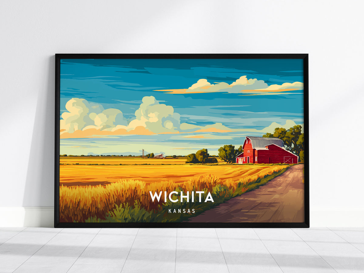 Wichita, Kansas Landscape Poster | Prairie City Vacation Wall Art — framed wall art, 24x36 in
