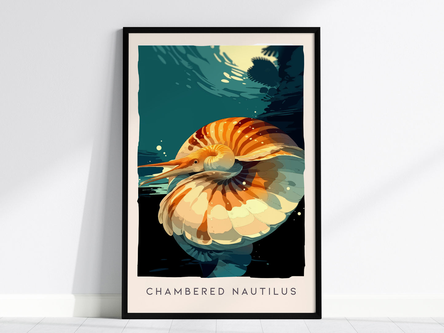 Chambered Nautilus Poster | Golden Spiral Shell Wildlife Wall Art — framed wall art, 24x36 in