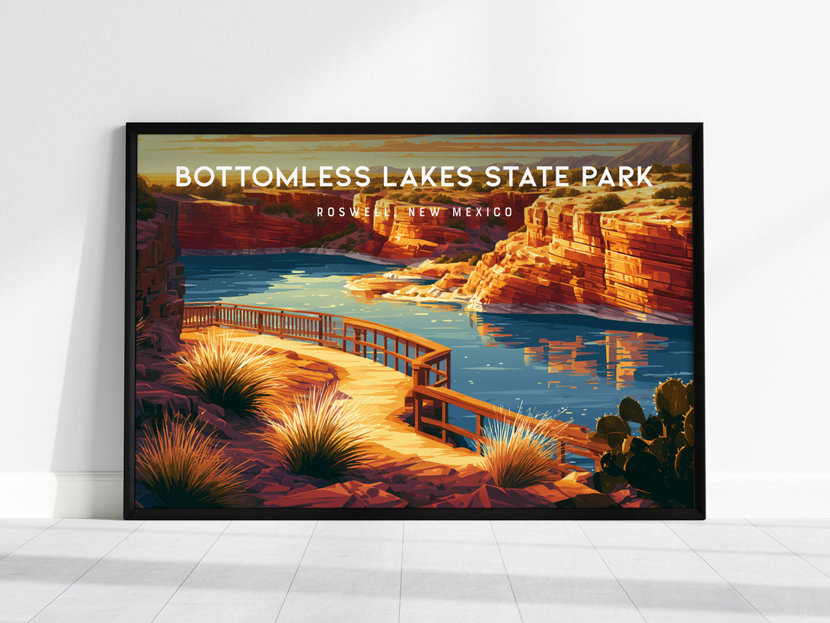 Bottomless Lakes State Park Landscape Poster | Roswell, New Mexico Vacation Wall Art — framed wall art, 24x36 in