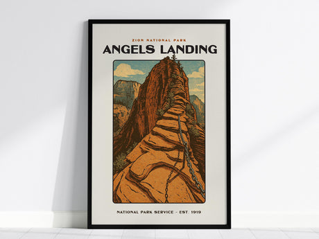 Framed poster of Angels Landing in Zion National Park, featuring a vintage design with sandstone cliffs and a chain pathway. The artwork has a classic, bold block print style.