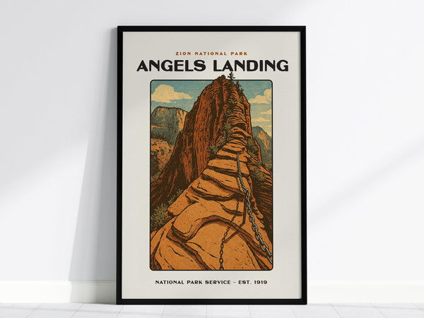 Framed poster of Angels Landing in Zion National Park, featuring a vintage design with sandstone cliffs and a chain pathway. The artwork has a classic, bold block print style.