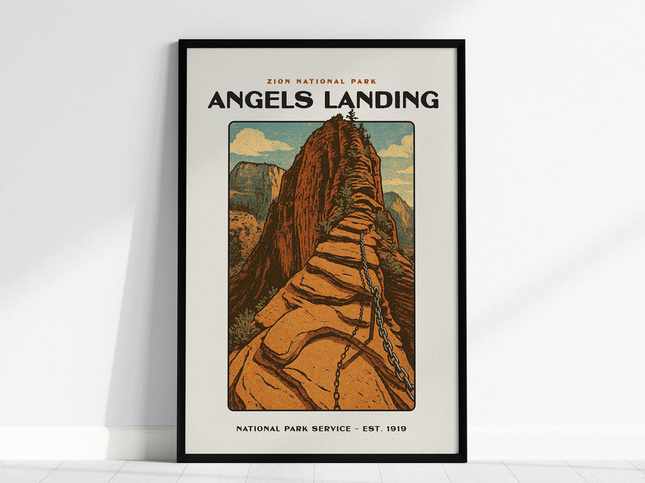 Angels Landing Zion National Park Print – Vintage Hiking Poster, Utah Nature Wall Art, Framed or Unframed, Gift for Hikers & Park Lovers - Swell Scenes