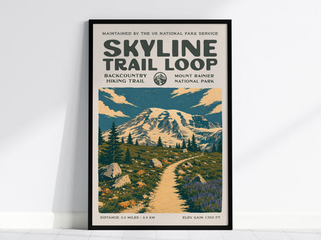 Skyline Trail Loop, Mount Rainier Poster | Hiker Gift | Alpine Meadows & Glaciers Wall Art — framed wall art, 24x36 in