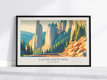 Custer State Park Landscape Matte Border Poster | South Dakota Needles Highway Destination Print — framed wall art, 24x36 in