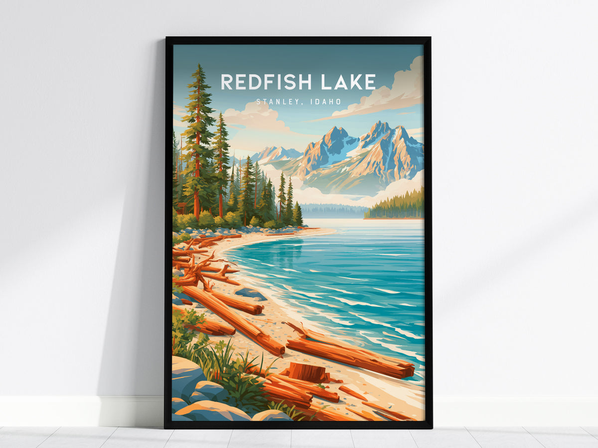 Redfish Lake, Stanley, Idaho Poster | Mountain Lake Destination Print Wall Art — framed wall art, 24x36 in