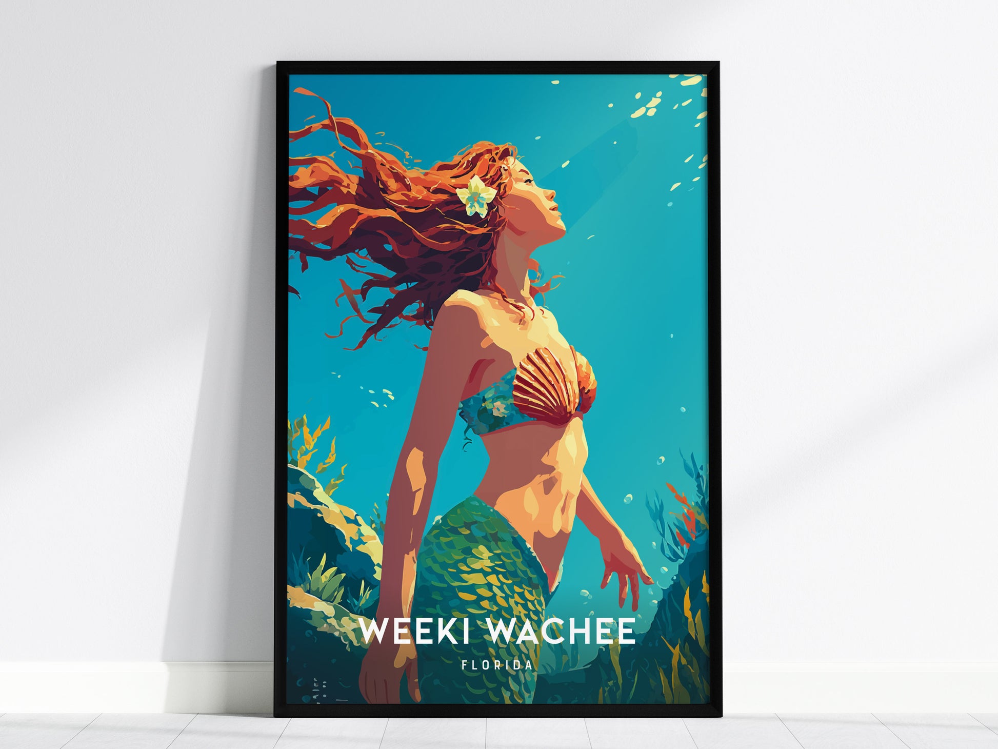 A vibrant poster featuring a mermaid with flowing red hair, adorned with a shell top and surrounded by aquatic plants. The background showcases a bright blue underwater scene, emphasizing the enchanting allure of Weeki Wachee Springs.