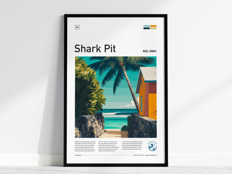 Framed Shark Pit poster featuring a vibrant Maui pathway, tropical foliage, and ocean waves, perfect surf art for decor or gifts.