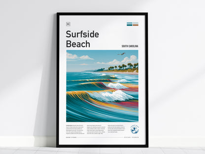 Surfside Beach, South Carolina Poster | Coastal Surf Town Wave Print Wall Art — framed wall art, 24x36 in