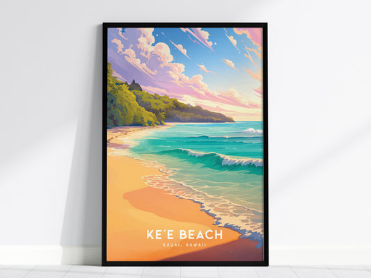 Keʻe Beach Poster – Kauai Hawaii Art Print, Sunset Coastal Wall Art, Framed or Unframed, Tropical Ocean Decor, Gift for Island Lovers