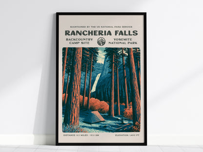 Rancheria Falls, Yosemite National Park Poster | Hiker Gift | Backcountry Trail Wall Art — framed wall art, 24x36 in