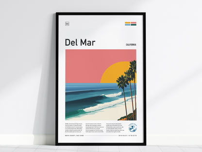 Framed Del Mar Beach poster featuring palm trees and a vibrant sunset over the ocean, perfect surf art for decor and gifts.