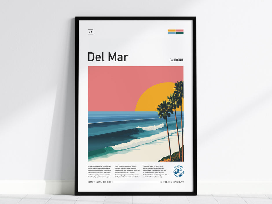 Framed Del Mar Beach poster featuring palm trees and a vibrant sunset over the ocean, perfect surf art for decor and gifts.
