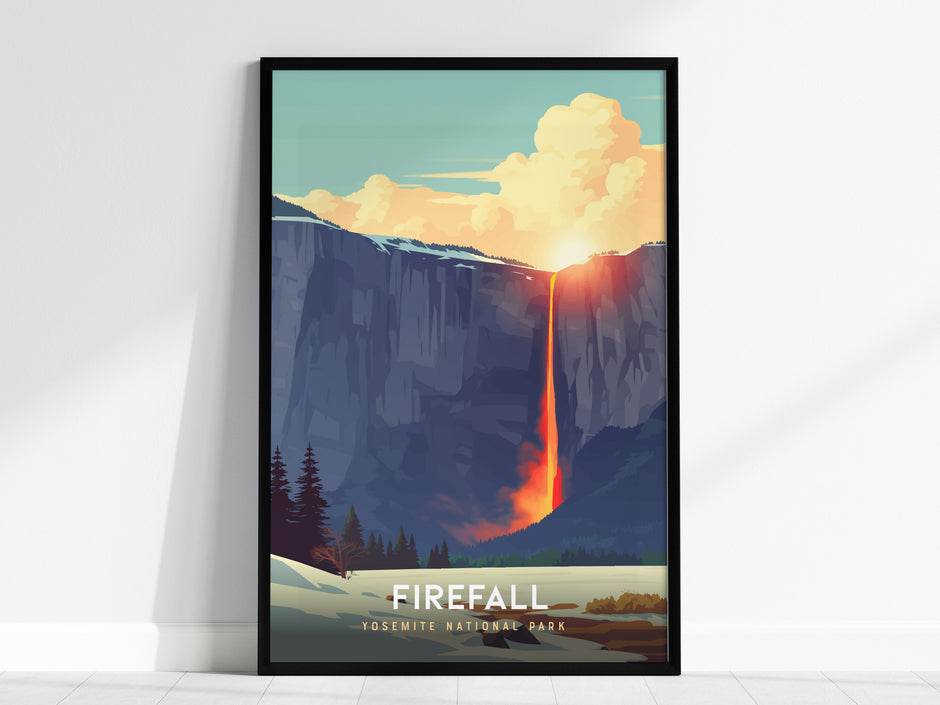 Yosemite Framed poster of Horsetail Fall with a sunset, titled 'Firefall', on a white wall.