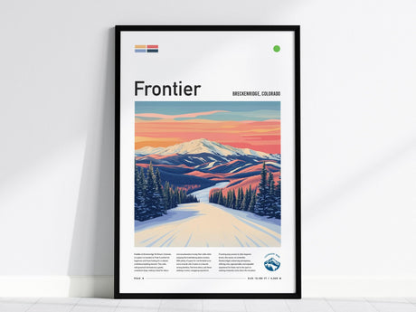 Framed poster featuring a colorful illustration of a snow-covered ski trail with mountains and evergreen trees under a vibrant sunset sky, labeled Frontier and Breckenridge, Colorado.