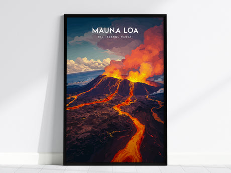A framed poster depicting the erupting Mauna Loa volcano with vibrant lava flows and smoke against a colorful sky, titled MAUNA LOA, BIG ISLAND, HAWAII.