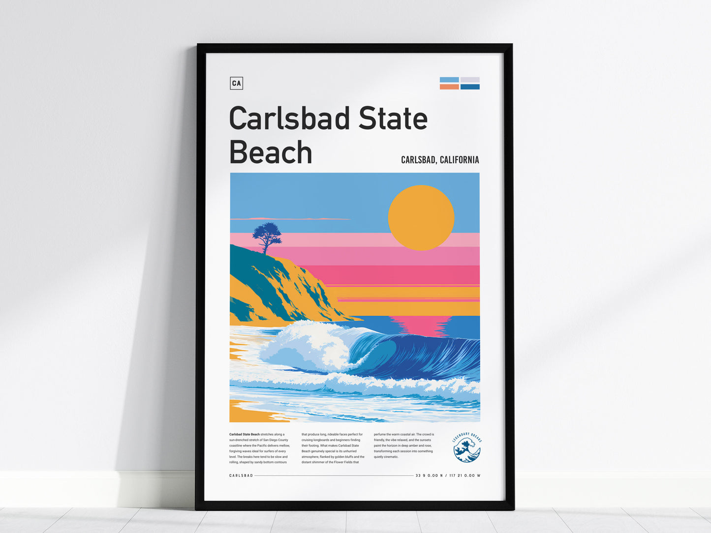 Carlsbad State Beach, California Poster | Golden Cliffs & Surf Coastline Wall Art — framed wall art, 24x36 in