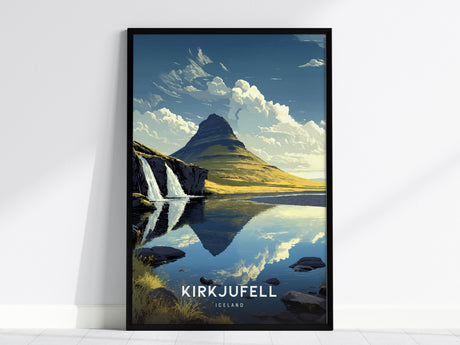A framed poster features an illustration of Kirkjufell Mountain in Iceland, showing its iconic cone shape reflected in still water. There are cascading waterfalls on the left and a sky filled with clouds, creating a serene landscape.