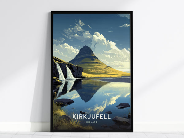 A framed poster features an illustration of Kirkjufell Mountain in Iceland, showing its iconic cone shape reflected in still water. There are cascading waterfalls on the left and a sky filled with clouds, creating a serene landscape.