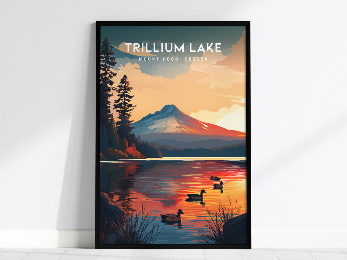 Trillium Lake, Mount Hood, Oregon Poster | Alpine Reflection Destination Print Wall Art — framed wall art, 24x36 in