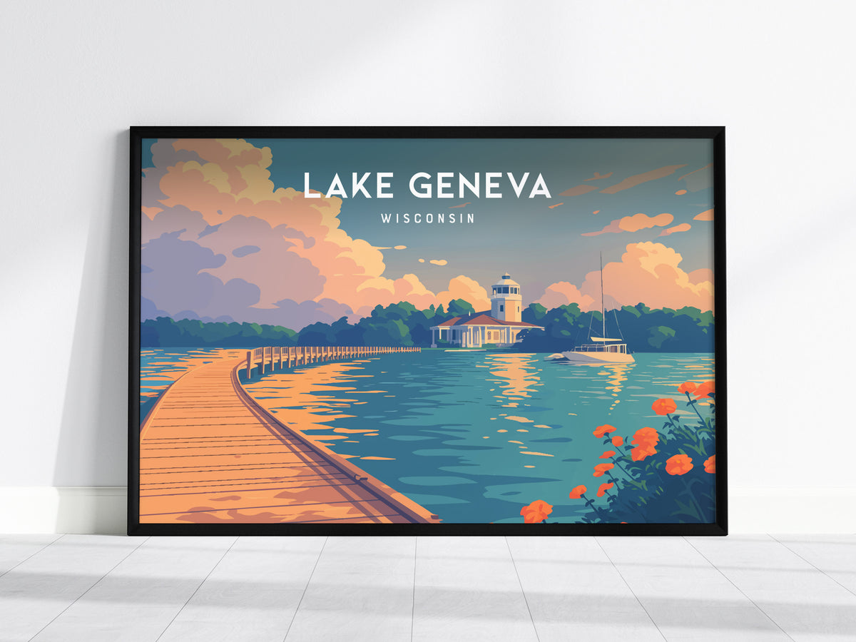 Lake Geneva, Wisconsin Landscape Poster | Lakefront Beauty Framed or Unframed Wall Art — framed wall art, 24x36 in