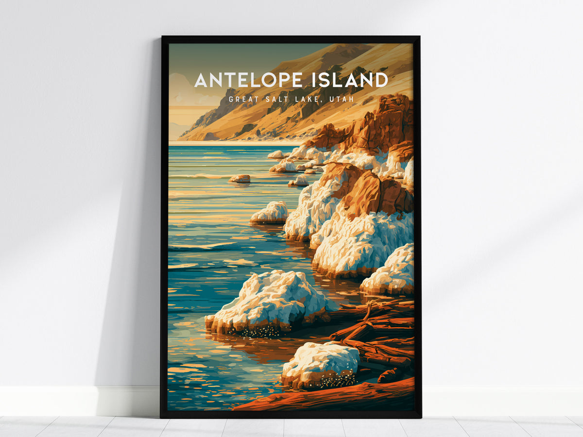 Antelope Island Poster | Great Salt Lake, Utah Framed or Unframed Travel Gift Wall Art — framed wall art, 24x36 in