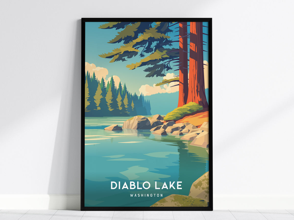 Diablo Lake, Washington Poster | Alpine Wilderness Destination Print Wall Art — framed wall art, 24x36 in