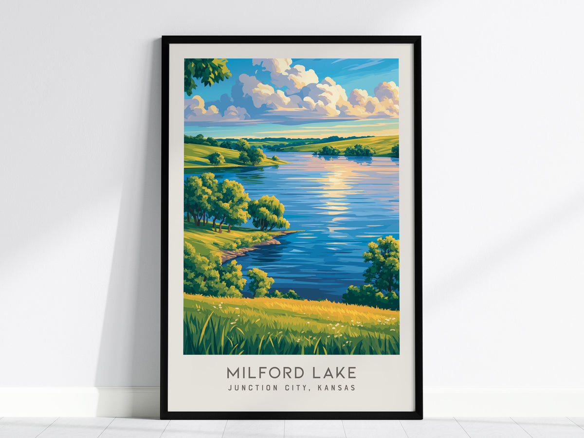 Milford Lake Matte Border Poster | Junction City, Kansas Travel Wall Art — framed wall art, 24x36 in