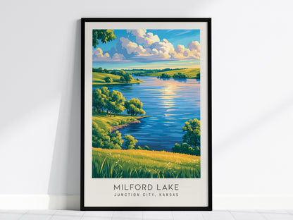 Milford Lake Matte Border Poster | Junction City, Kansas Travel Wall Art — framed wall art, 24x36 in