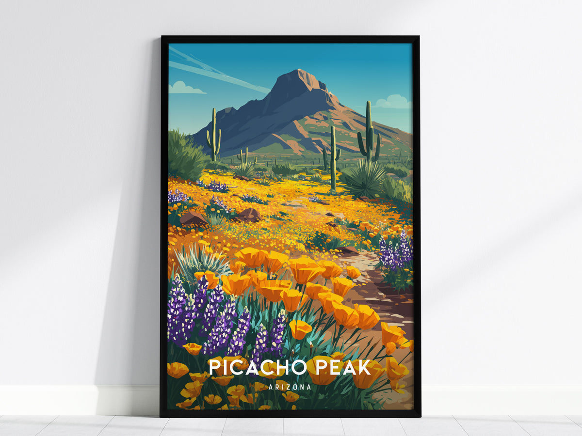 Picacho Peak, Arizona Poster | Desert Wildflower Destination Print Wall Art — framed wall art, 24x36 in