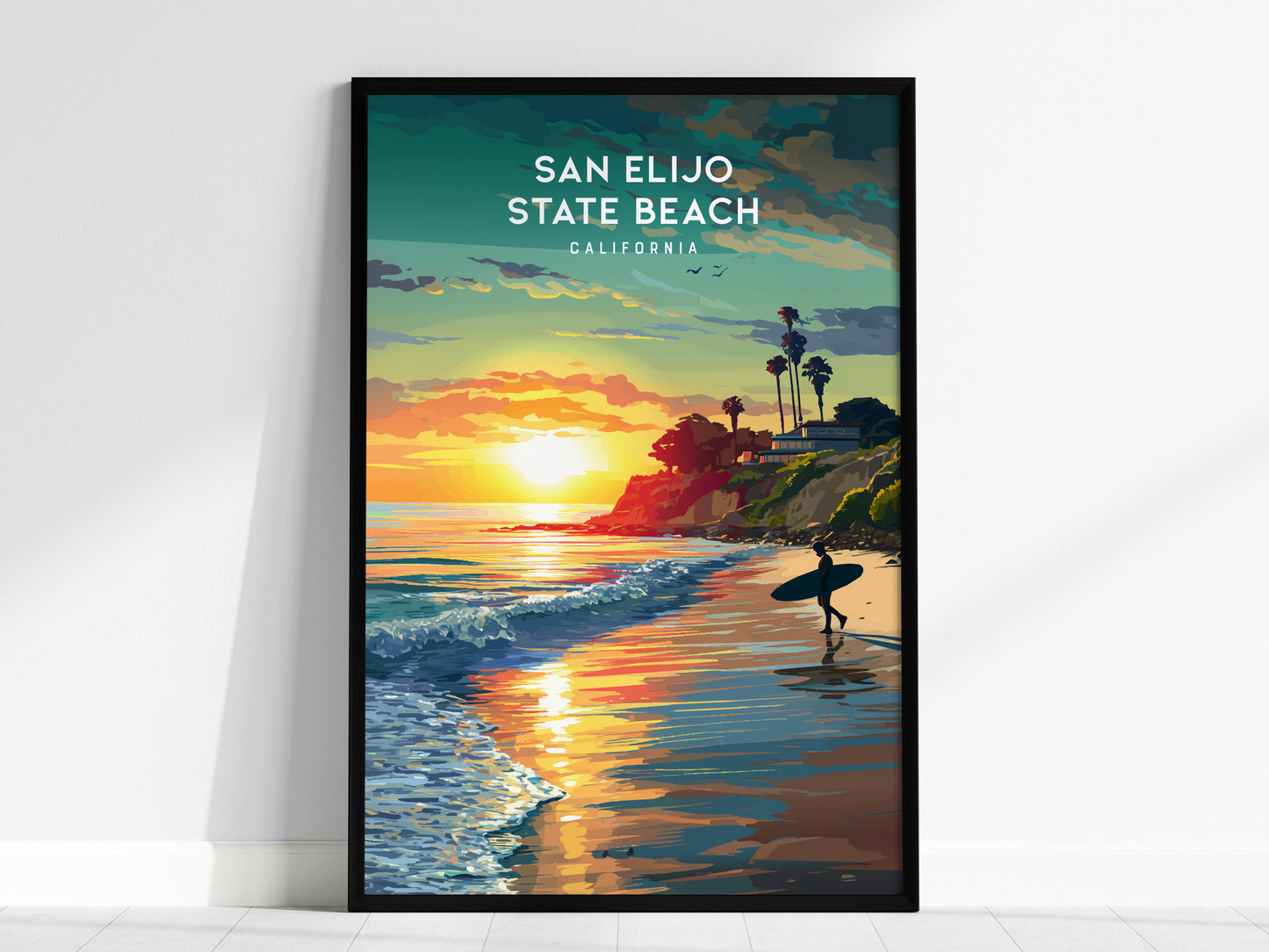 San Elijo State Beach, California Poster | Golden Bluffs & Ocean Breeze Wall Art — framed wall art, 24x36 in