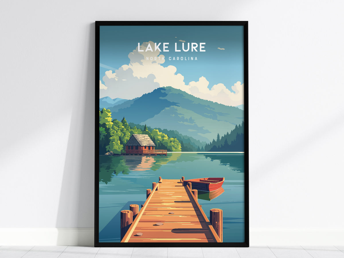 Lake Lure, North Carolina Poster | Mountain Lake Destination Print Wall Art — framed wall art, 24x36 in