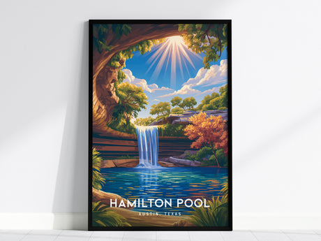 Hamilton Pool, Austin, Texas Poster | Natural Grotto & Waterfall Travel Wall Art — framed wall art, 24x36 in