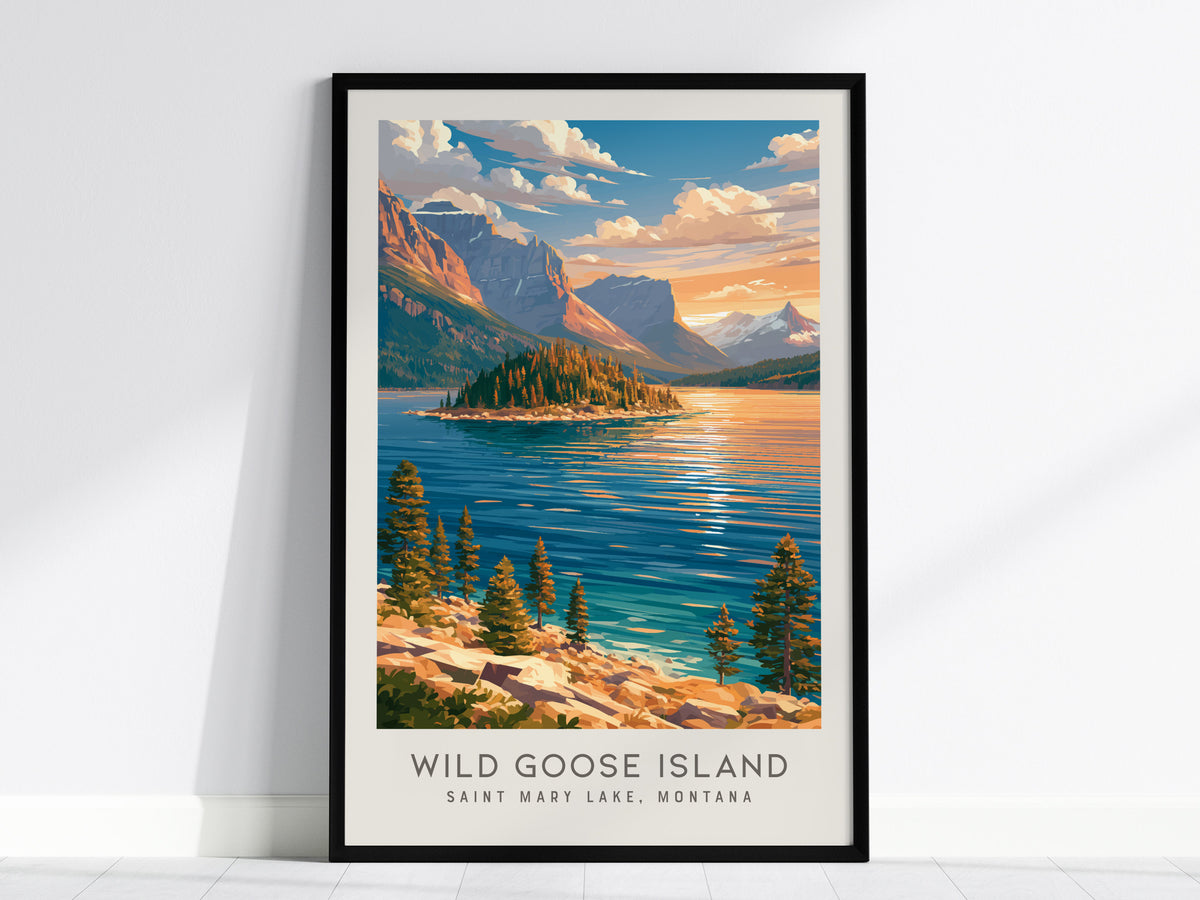 Wild Goose Island Matte Border Poster | Saint Mary Lake, Montana Travel Wall Art — framed wall art, 24x36 in