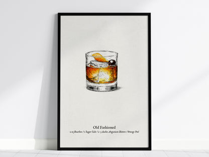 Old Fashioned Cocktail Poster | Vintage Pen & Ink Scientific Illustration Wall Art — framed wall art, 24x36 in