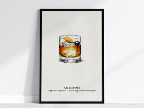 Old Fashioned Cocktail Poster | Vintage Pen & Ink Scientific Illustration Wall Art — framed wall art, 24x36 in