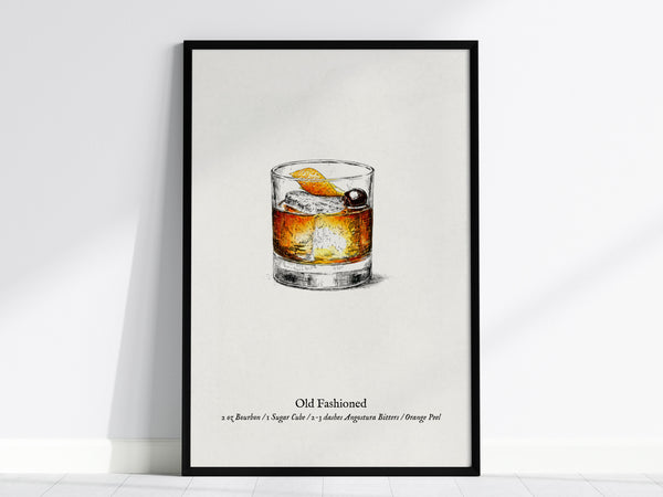 Old Fashioned Cocktail Poster | Vintage Pen & Ink Scientific Illustration Wall Art — framed wall art, 24x36 in