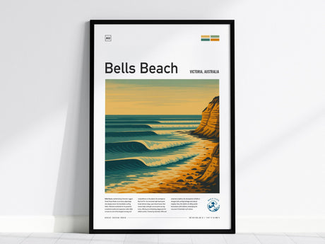 This poster, featuring wall art of Bells Beach in Victoria, Australia, depicts stylized waves crashing against sandstone cliffs under a golden sky. The framed artwork elegantly captures the essence of this iconic surf spot.