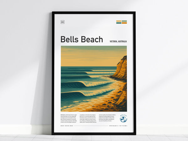 This poster, featuring wall art of Bells Beach in Victoria, Australia, depicts stylized waves crashing against sandstone cliffs under a golden sky. The framed artwork elegantly captures the essence of this iconic surf spot.