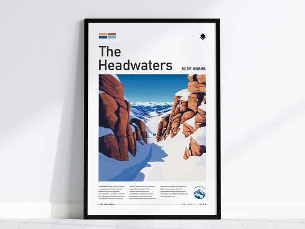 Framed poster titled The Headwaters depicting a snowy mountain pass with rugged, reddish-brown rock formations against a clear blue sky. Text below describes the scene.