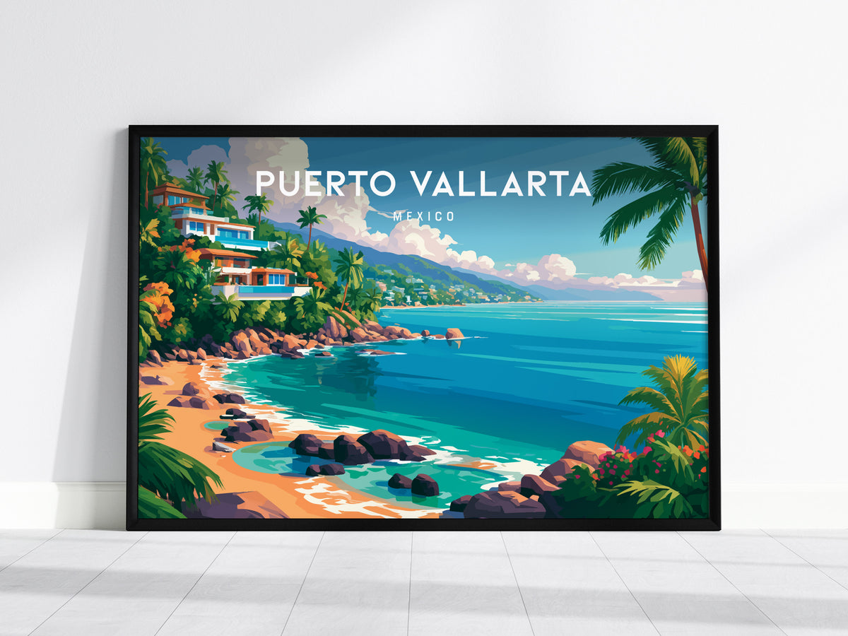 Puerto Vallarta, Mexico Landscape Poster | Beach House Decor Vacation Wall Art — framed wall art, 24x36 in