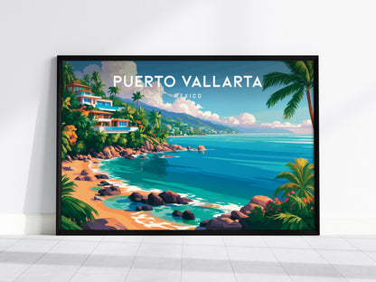 Puerto Vallarta, Mexico Landscape Poster | Beach House Decor Vacation Wall Art — framed wall art, 24x36 in