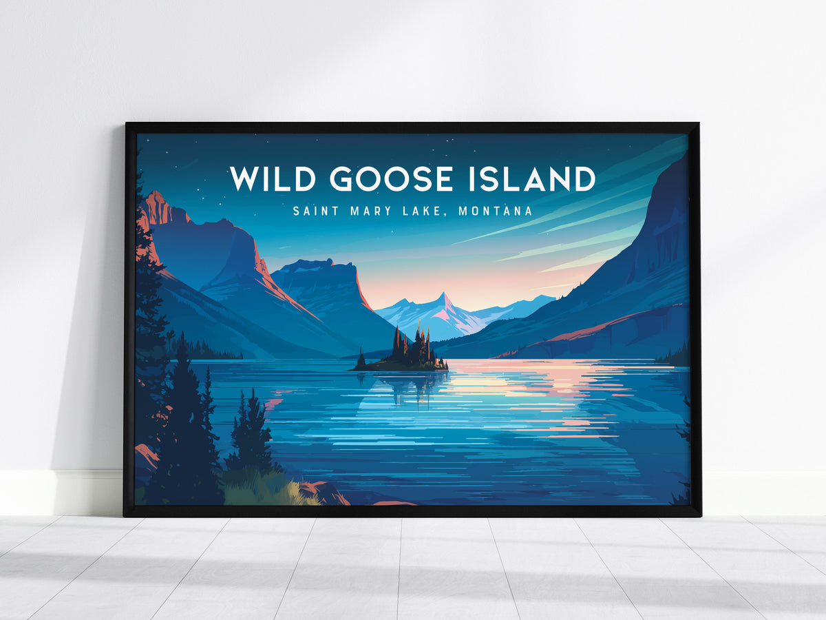 Wild Goose Island Landscape Poster | Saint Mary Lake, Montana Framed or Unframed Vacation Wall Art — framed wall art, 24x36 i