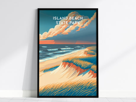 Island Beach State Park, New Jersey Poster | Destination Print Seaside Dunes Wall Art — framed wall art, 24x36 in