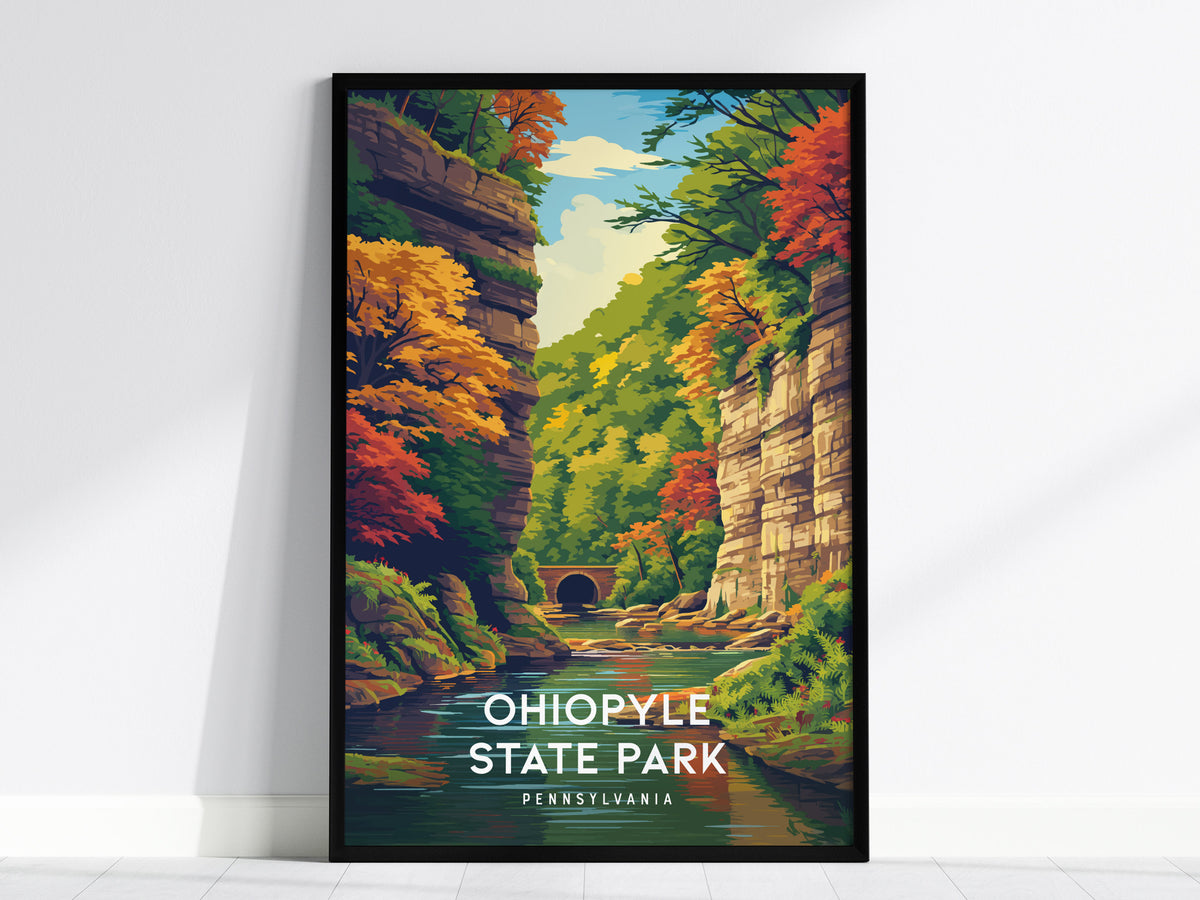 Ohiopyle State Park, Pennsylvania Poster | Waterfall & Wilderness Adventure Wall Art — framed wall art, 24x36 in