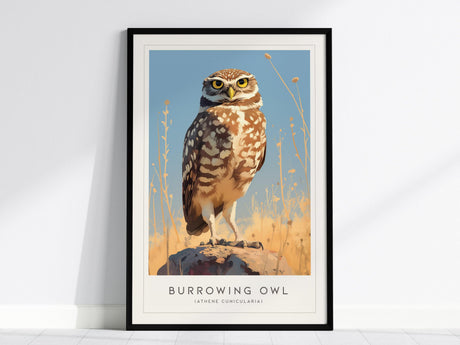 Framed art print of a Burrowing Owl with piercing golden eyes, standing on a rock amid open plains. The background is a clear blue sky with tall grasses.
