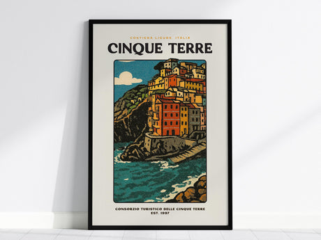 This poster features vibrant wall art of Cinque Terre, depicting colorful stacked houses on a rocky coastline under a blue sky. The image captures the charm of the Italian Riviera with its dramatic cliffs and sea.