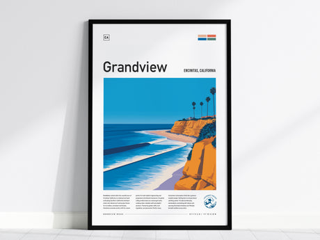 This framed poster features an illustration of Grandview Beach in Encinitas, California. It depicts golden cliffs, palm trees, and waves with a clear blue sky, capturing the scenic beauty of the coastal area.