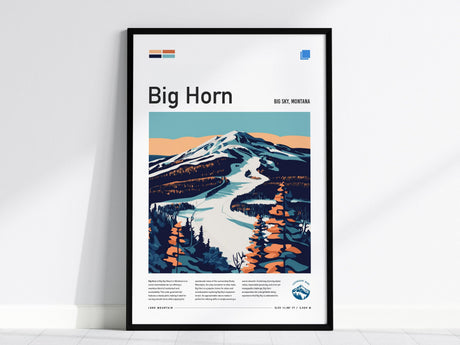Framed poster featuring a stylized illustration of Big Horn ski run in Big Sky, Montana, with vibrant colors depicting snowy landscapes and pine trees under a blue sky.
