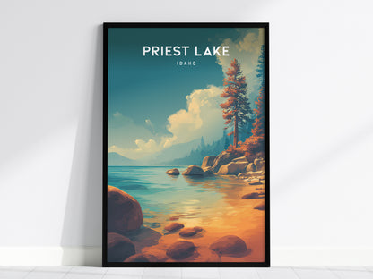 Priest Lake, Idaho Poster | Mountain Lake Retreat Framed or Unframed Wall Art — framed wall art, 24x36 in